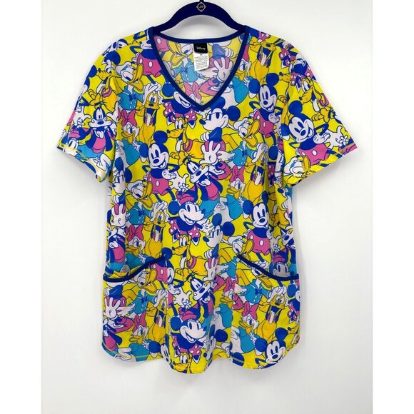 Disney Women's Scrub Top Mickey Minnie Donald Daisy Goofy Print Yellow Medium - Picture 1 of 4